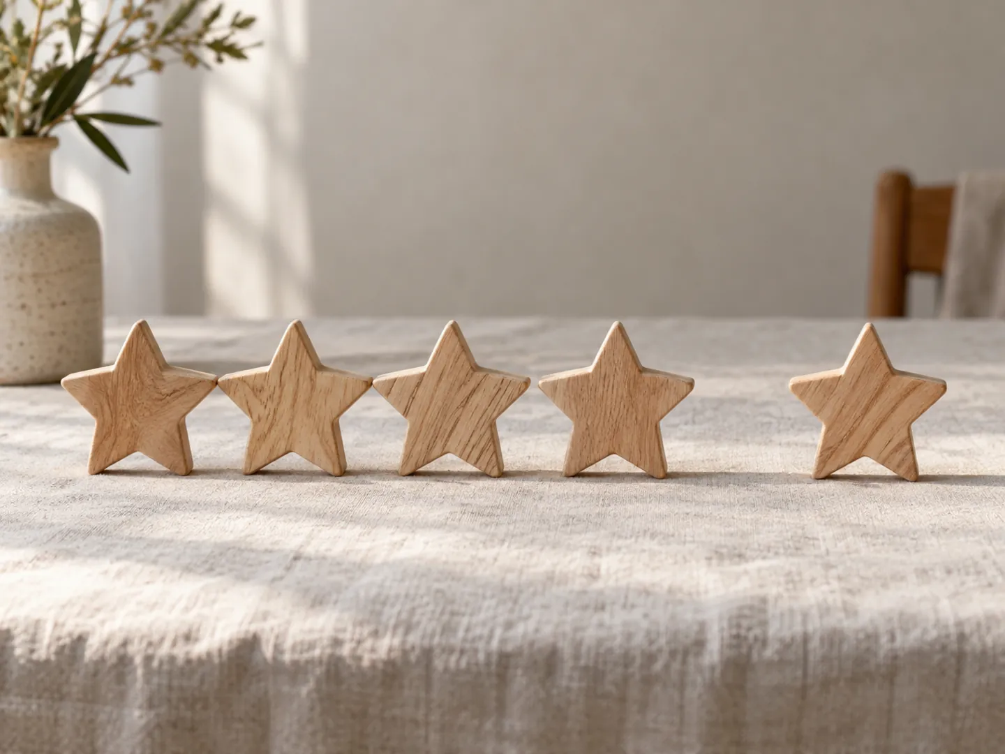 Five carved wooden stars in a row on a pale table, the fifth one standing slightly apart from the others