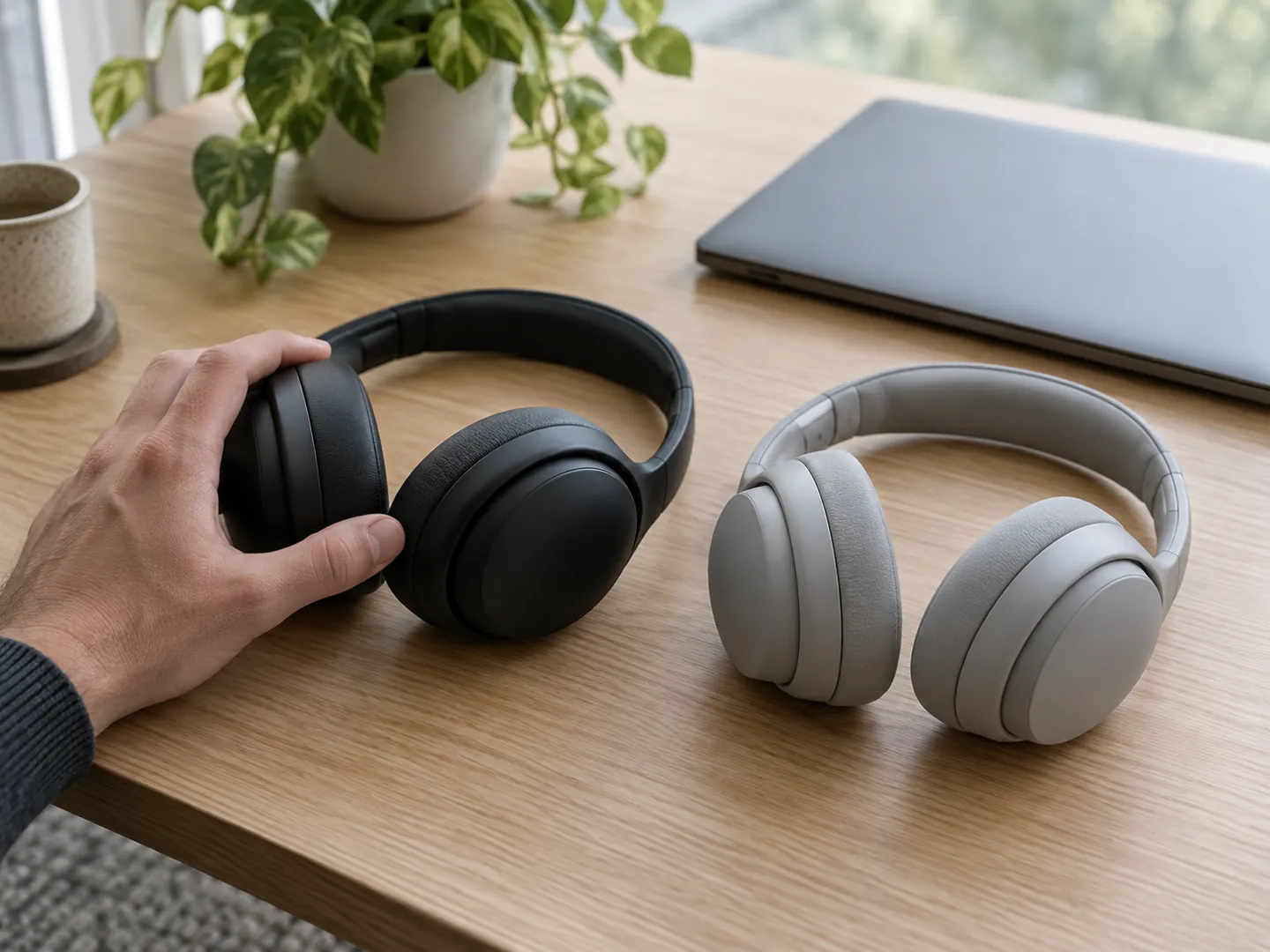 Two similar pairs of headphones side by side on a desk, with a hand resting on one of them as if comparing