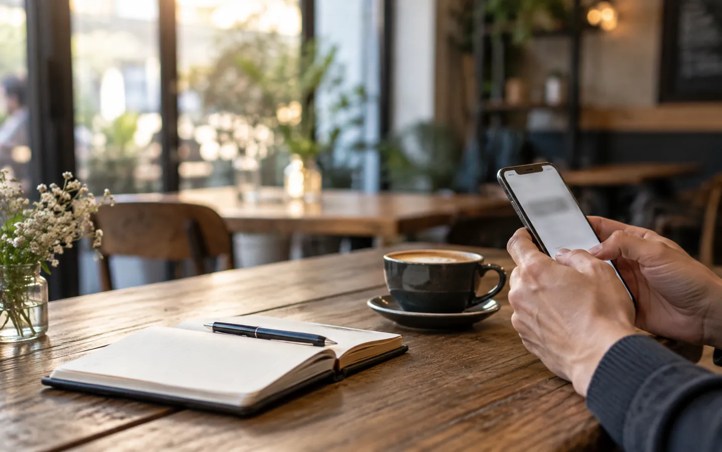Hands holding a smartphone over a café table beside a notebook and a cup of coffee, the screen softly out of focus
